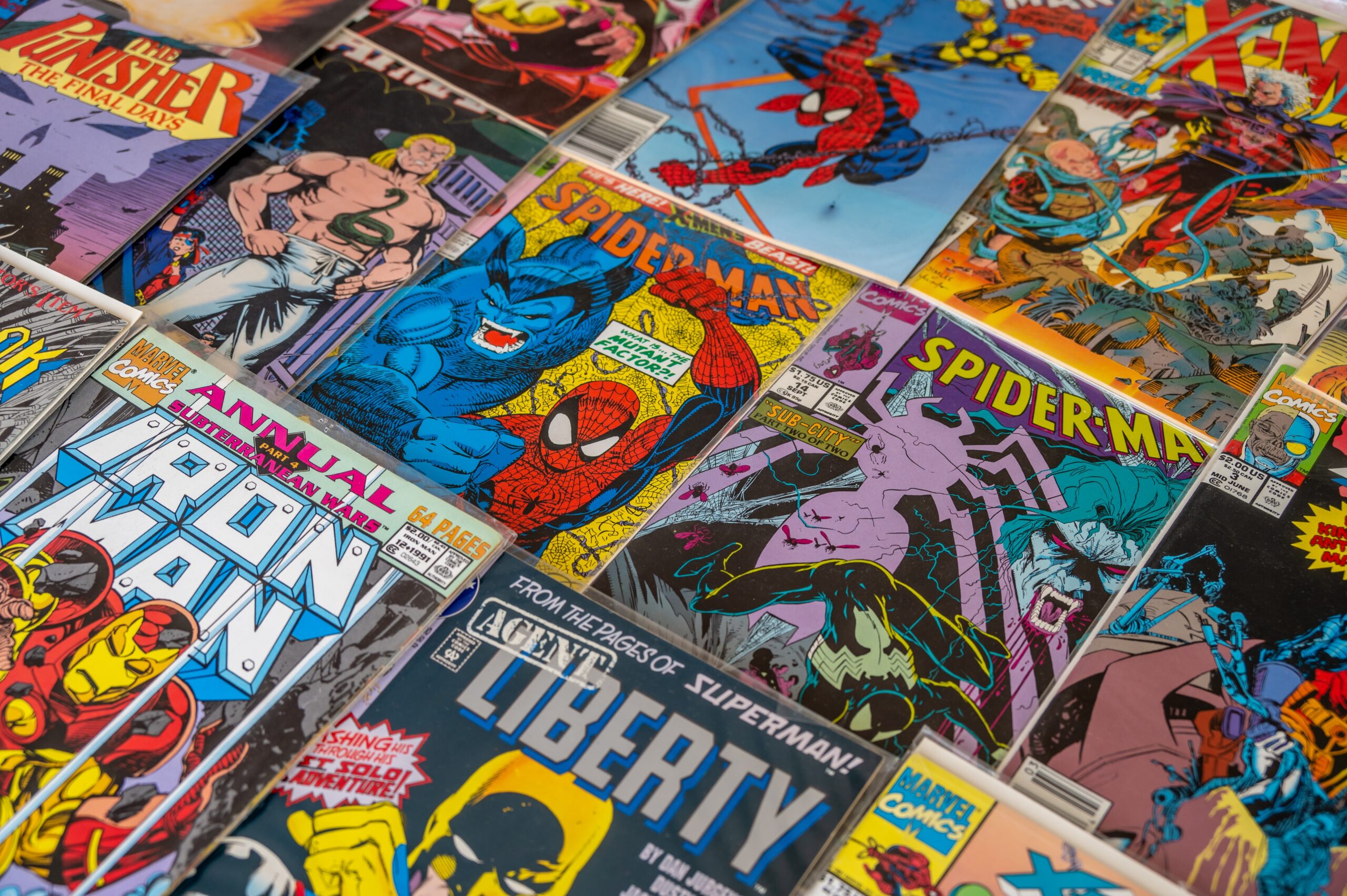 Top down shot of Marvel comic books 