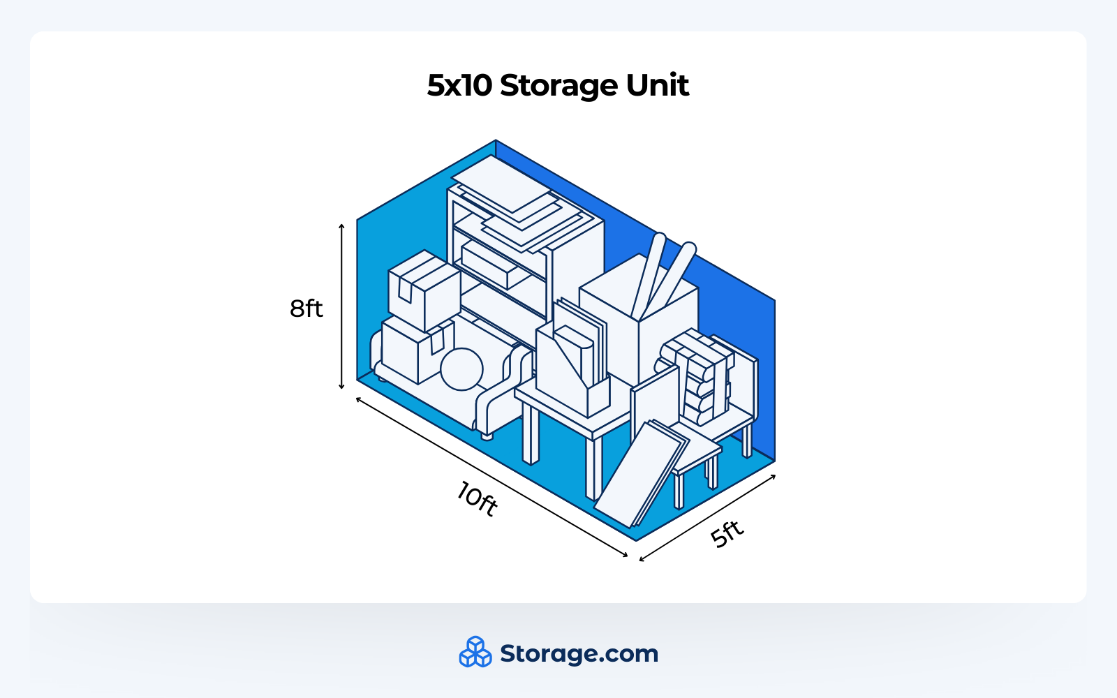 Isometric illustration of a 5x10 storage unit with dimensions