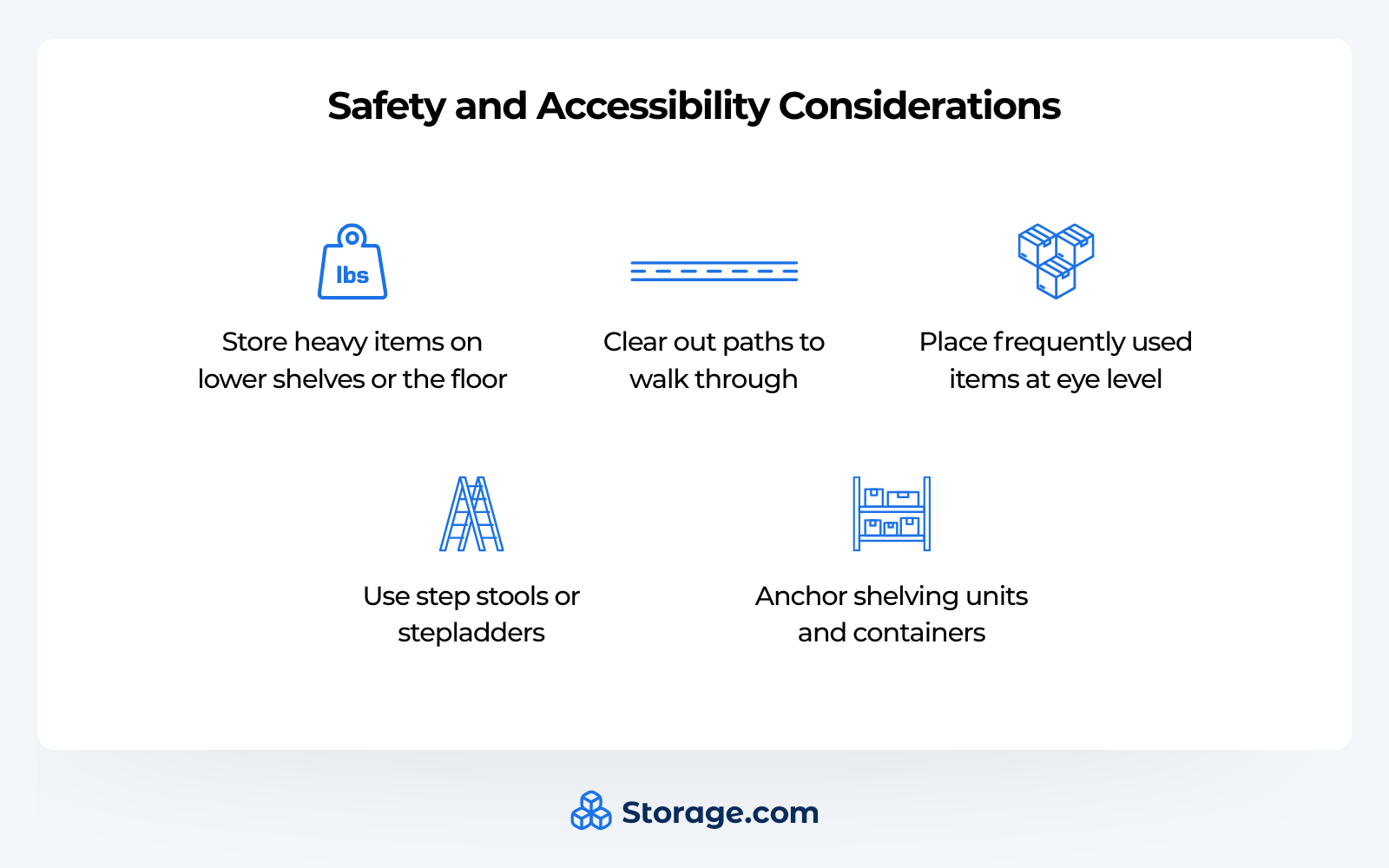 Tips on safety and accessibility considerations to organize storage room