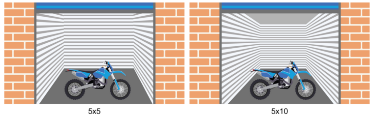 Size comparison between 5x5 and 5x10 storage unit with a dirt bike inside