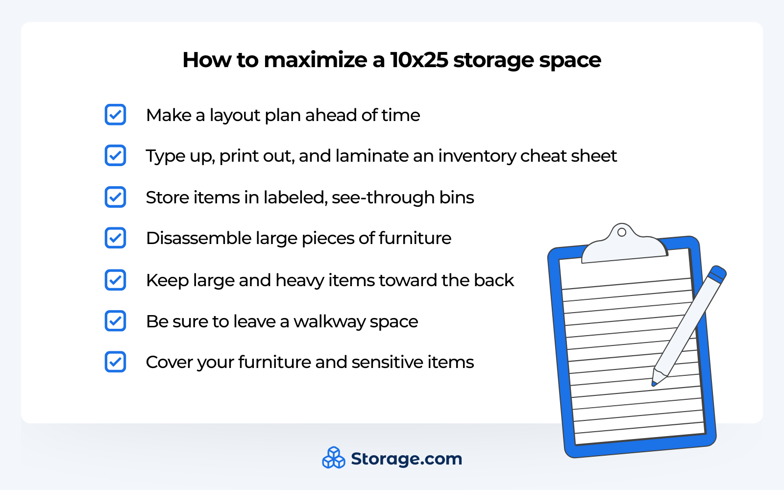 Infographics with tips on how to maximize a 10x25 storage space