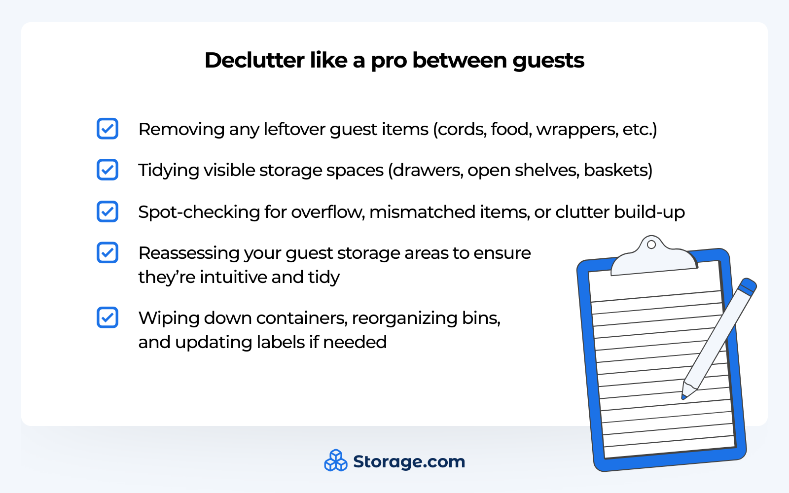 Infographics with step-by-step guide on how to declutter between guests while managing an airbnb