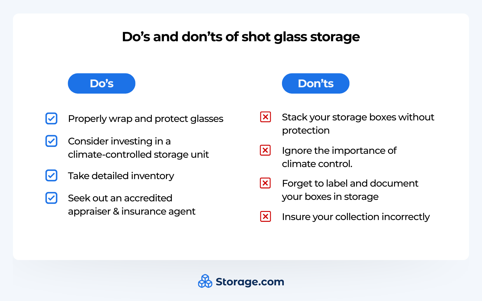 Infographics with two columns for Do's and Don'ts of shot glass storage