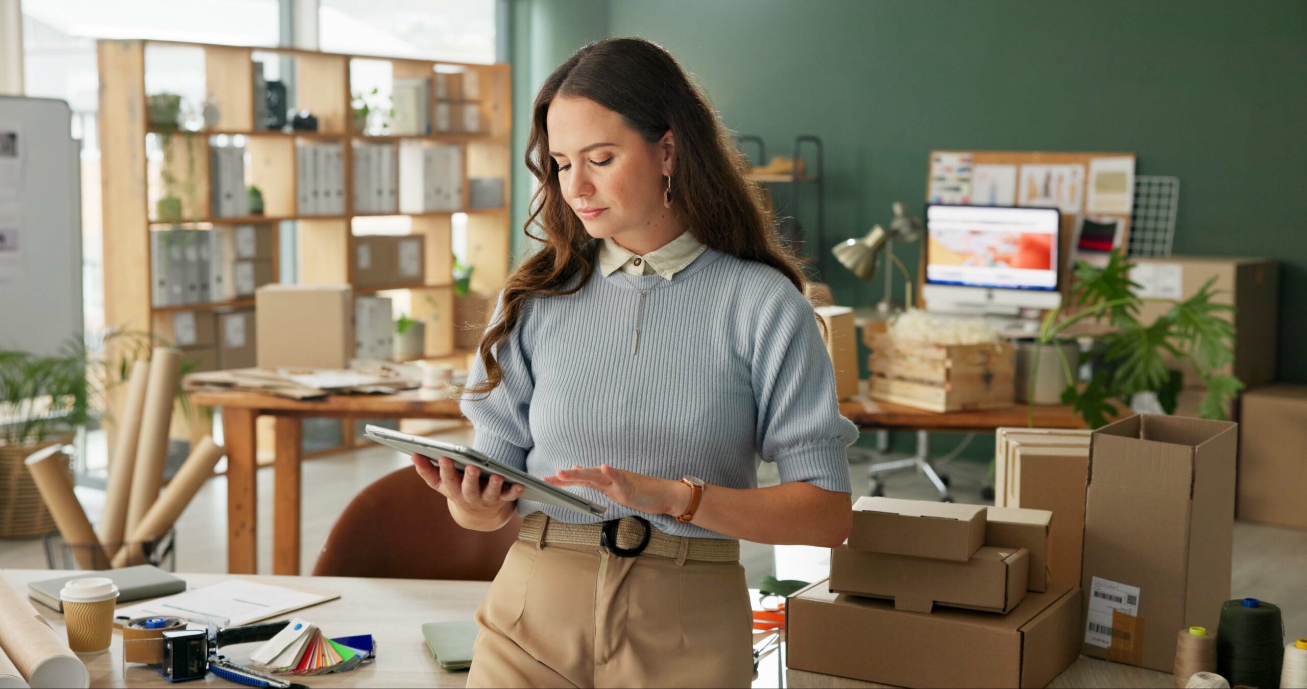 a woman looking at a tablet to digitize inventory with cardboard boxes in an office background