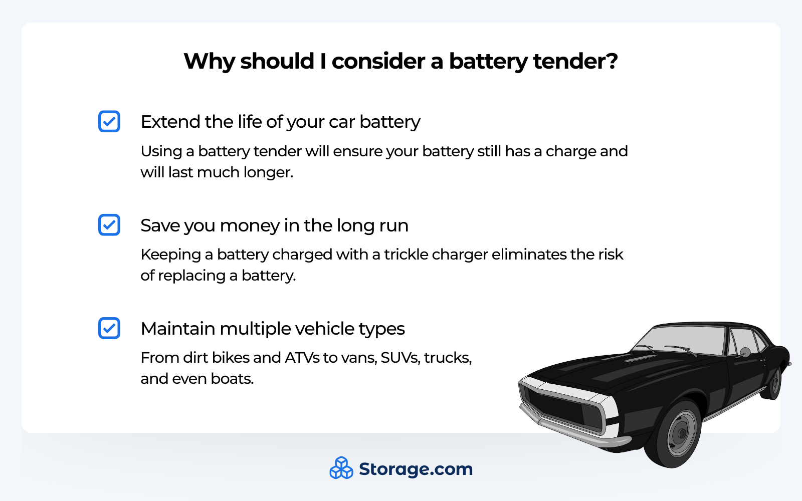 Graphics with 3 reasons to consider a battery tender for long term vehicle storage
