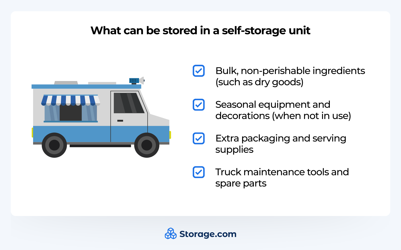 Graphics listing food truck items that can be stored in a storage unit