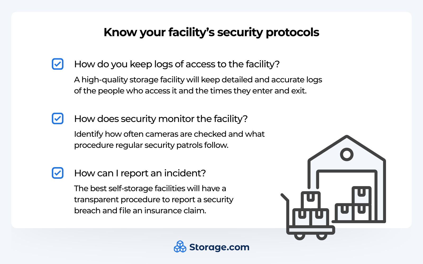 Graphics with checklist for storage facility security protocol