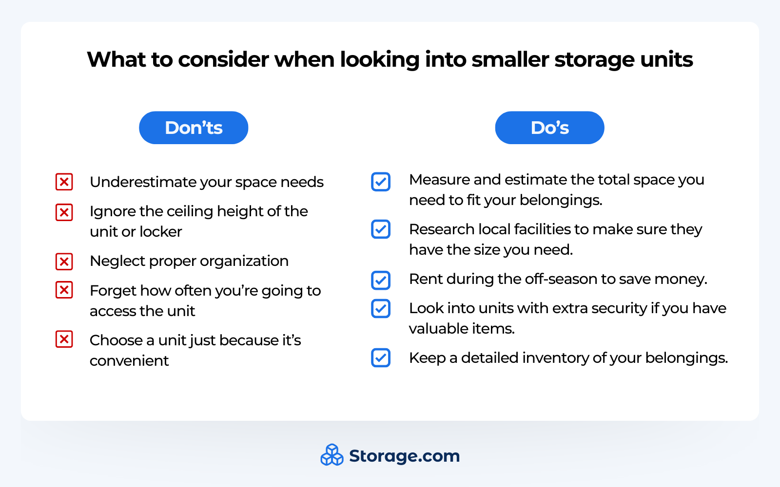 Graphics detailing what to consider for smaller storage units, with 2 columns for Do's and Don'ts