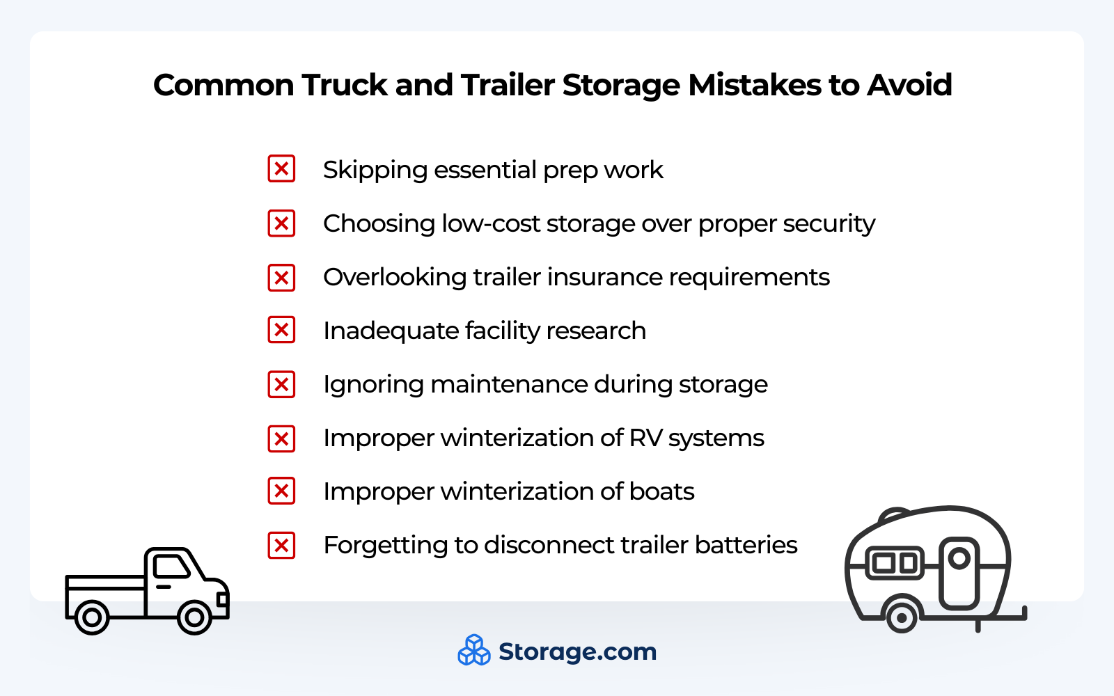 Graphics with a list of common truck and trailer storage mistakes to avoid