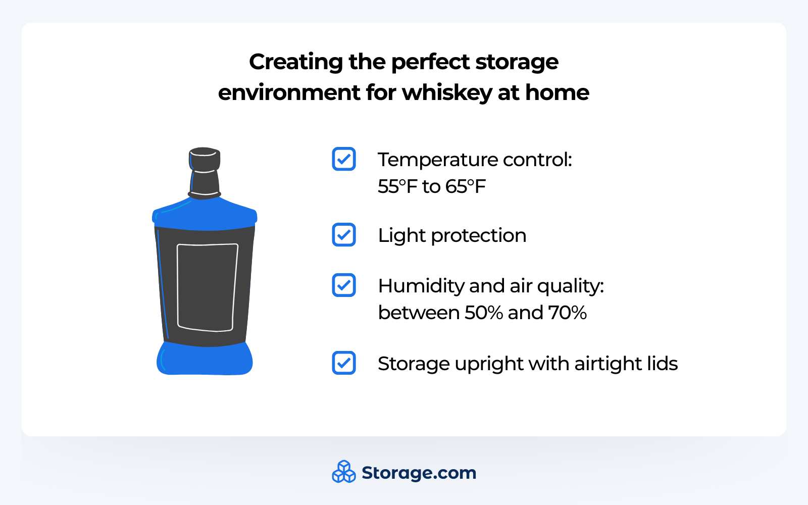 infographics on how to store whiskey at home in a checklist format