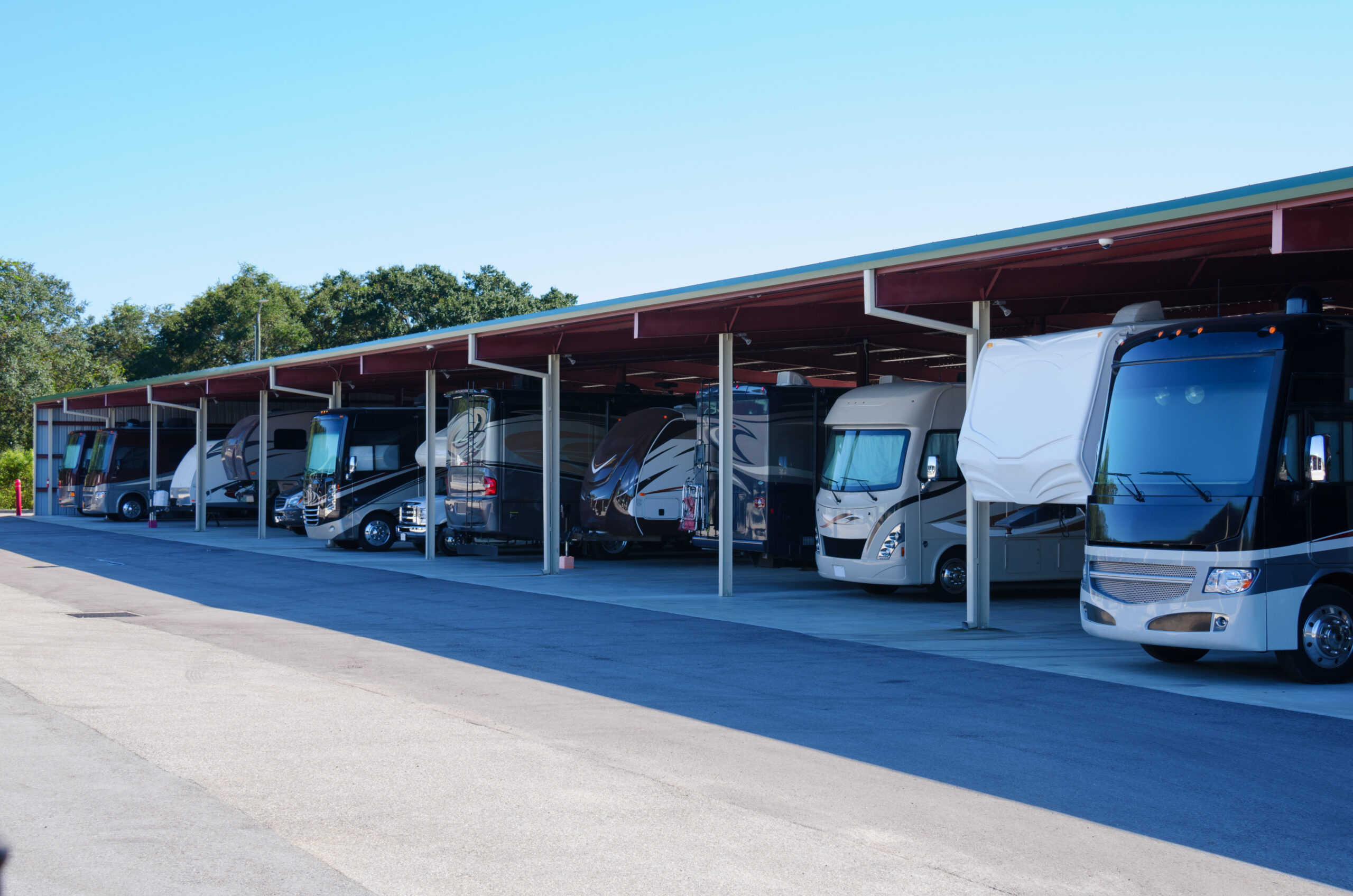 trailers in covered parking in a storage facility