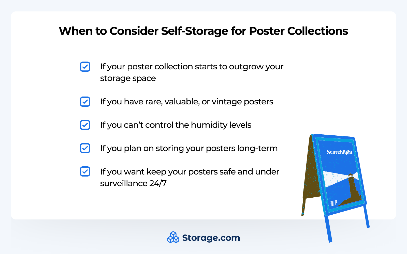 Graphics with a checklist of items to consider self-storage for poster collections