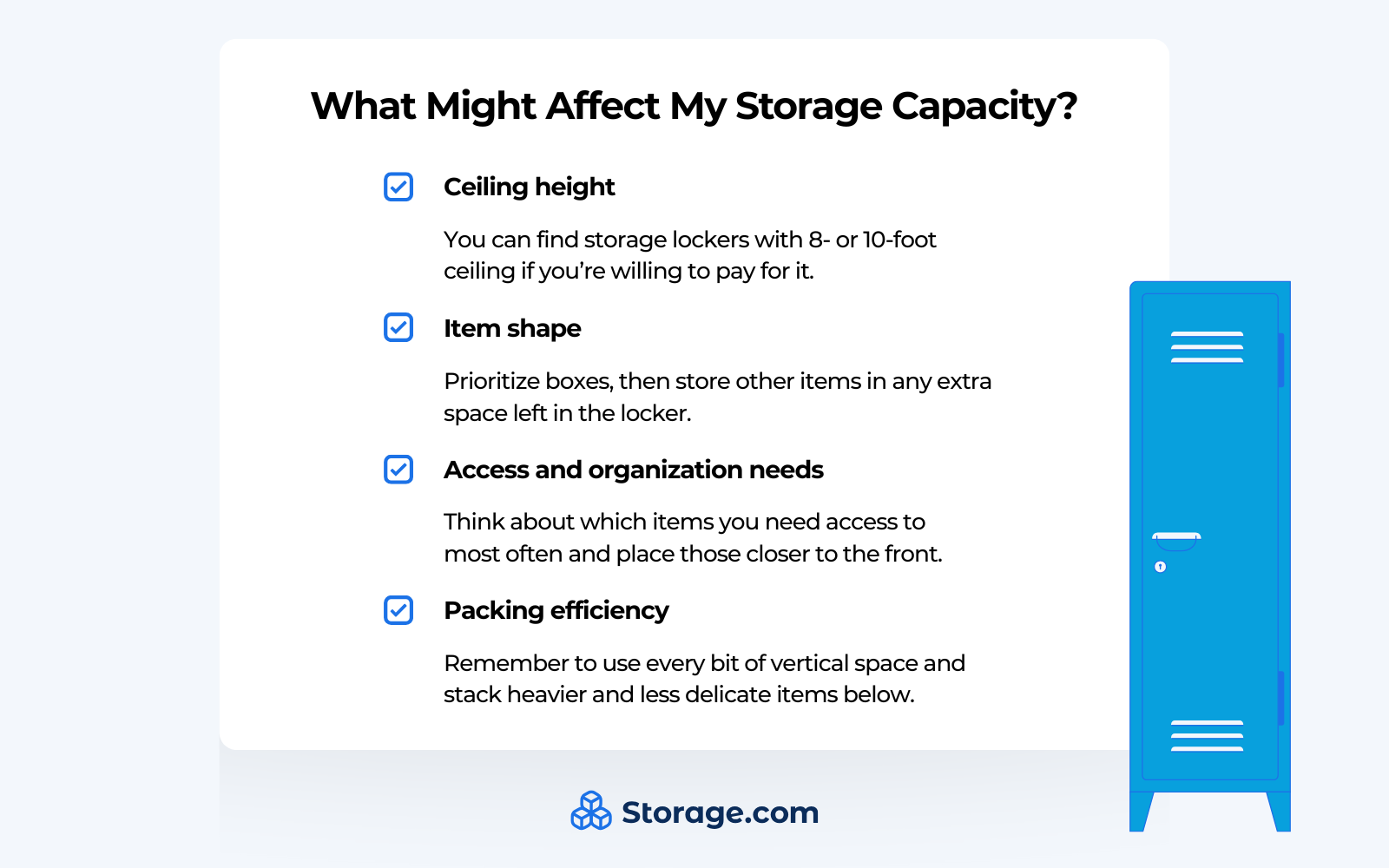 Graphics listing factors affecting storage capacity in a 3x3 storage locker