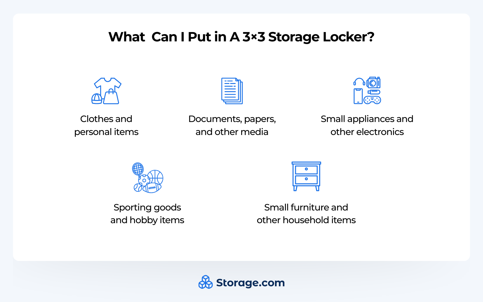 Graphics of common items that fit in a 3x3 storage locker