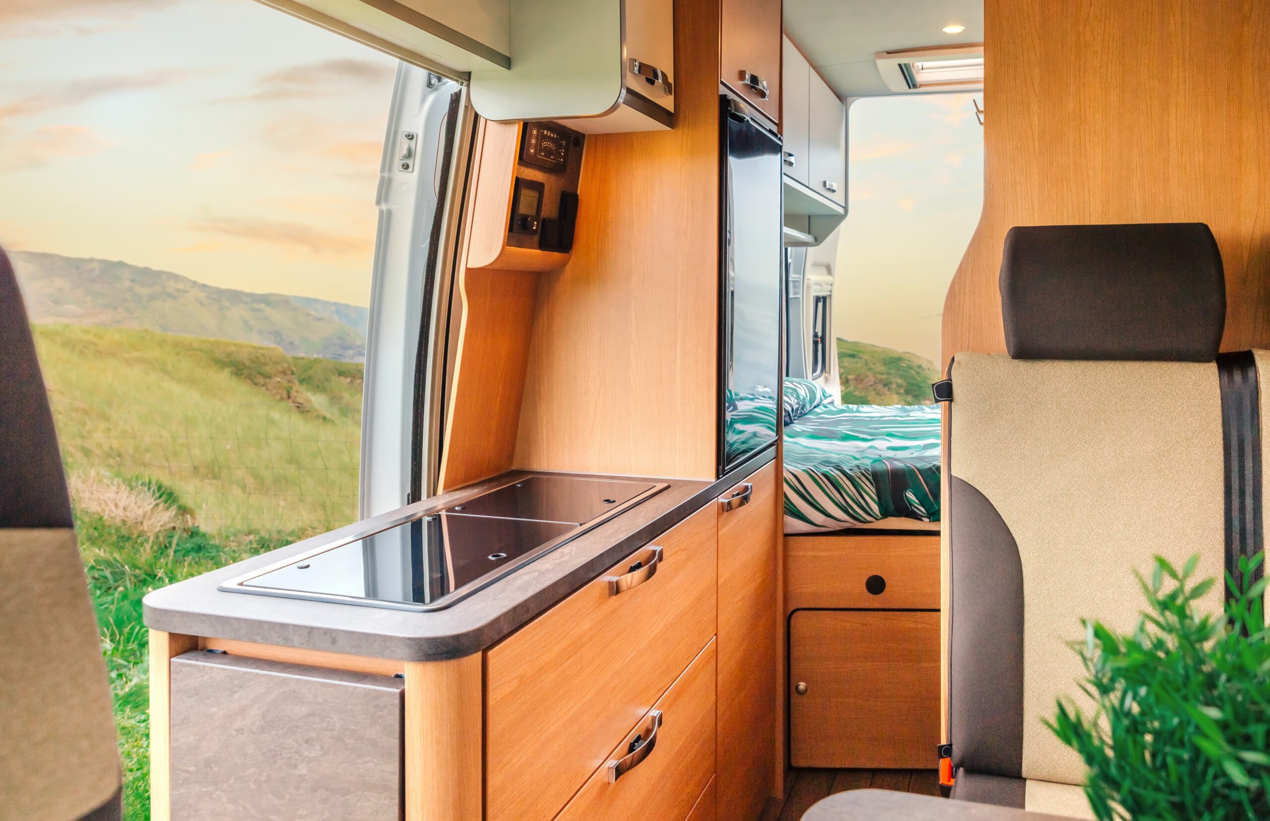 Interior of a camper van with kitchen
