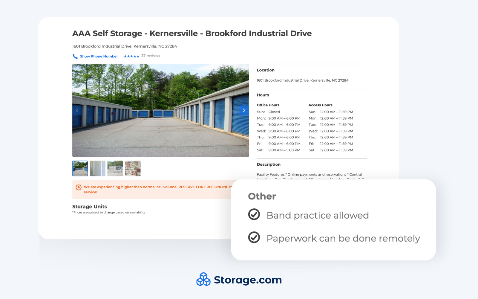 Screenshot of a storage unit facility on storage.com allowing band practice