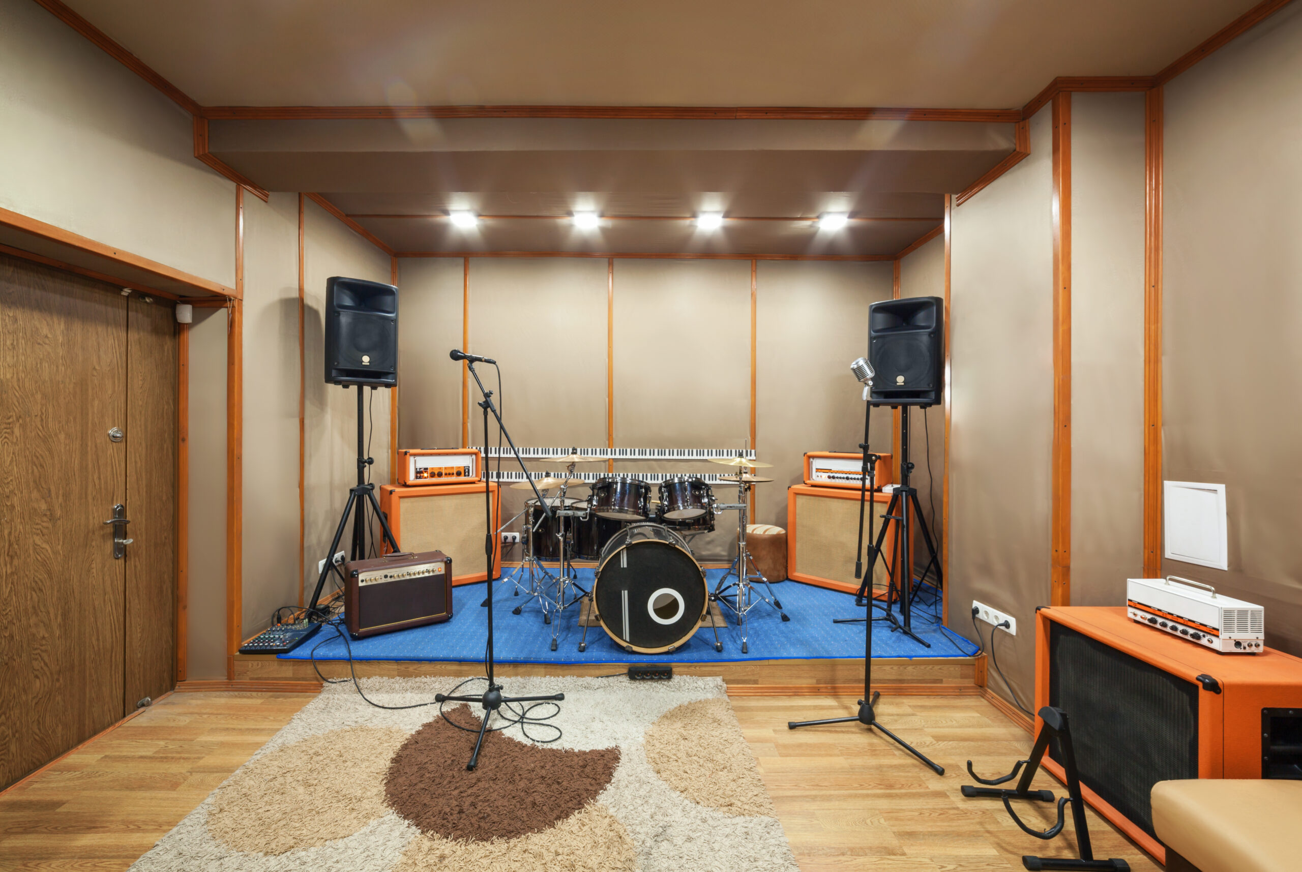 a band setup in a rehearsal studio
