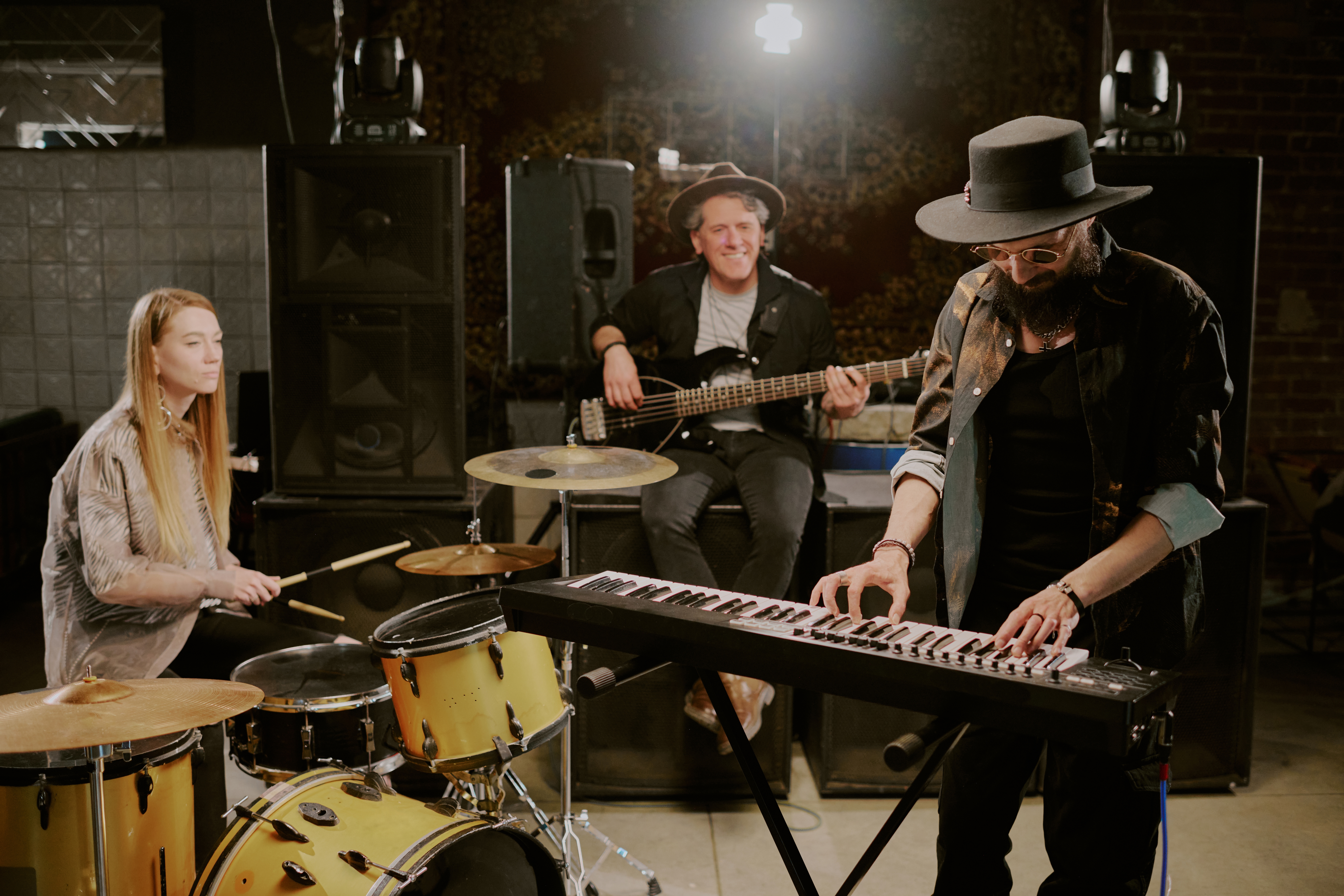 a band practicing in a garage