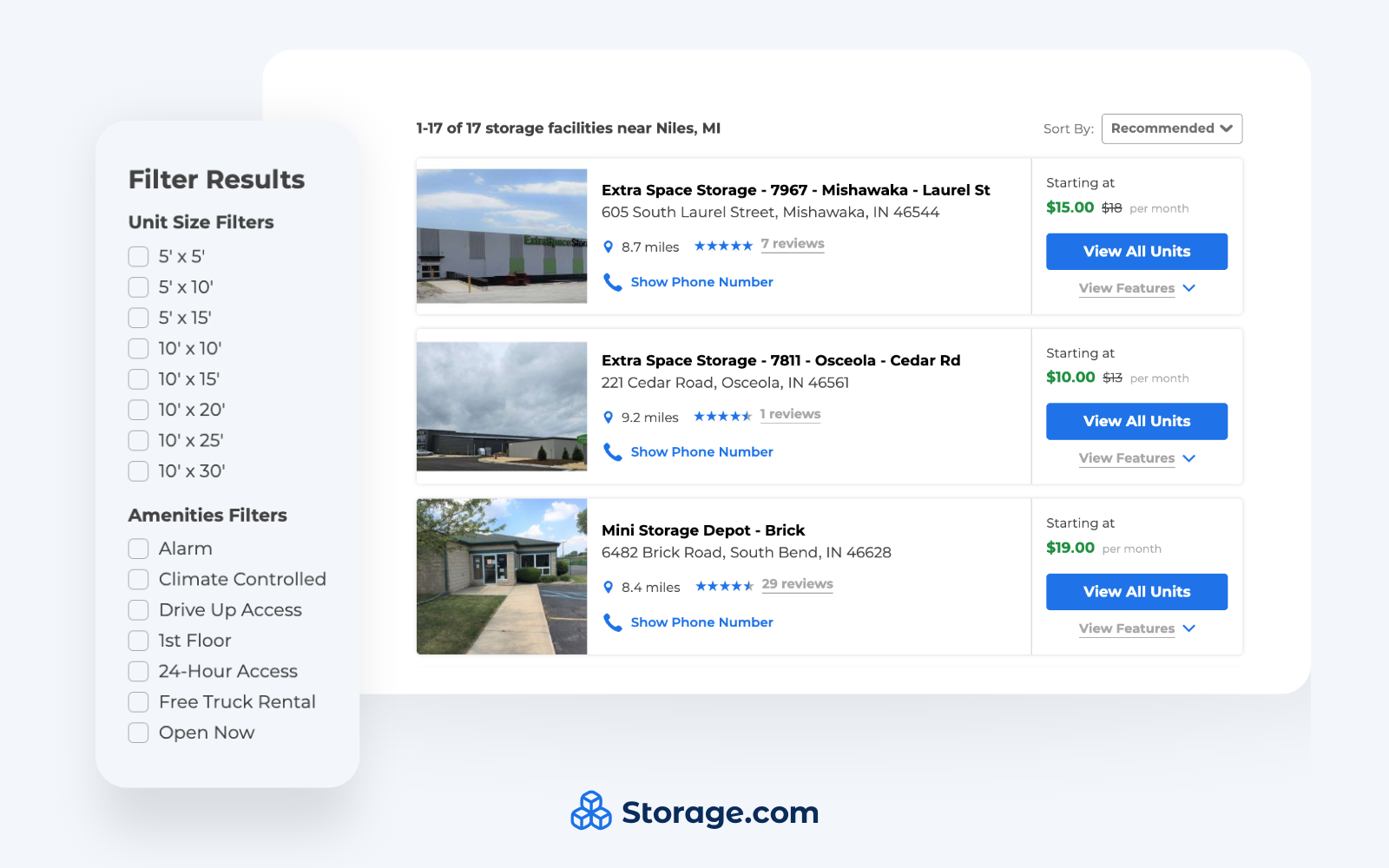 Screenshot of storage.com's filter feature