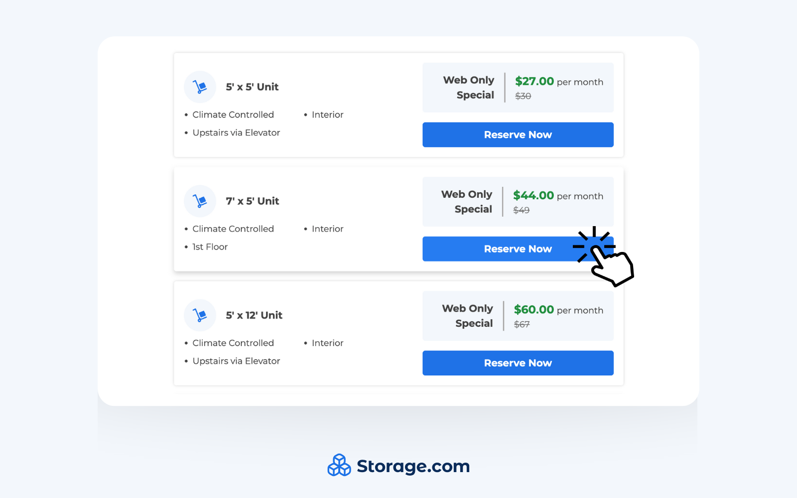 Screenshot of storage.com's reserve button