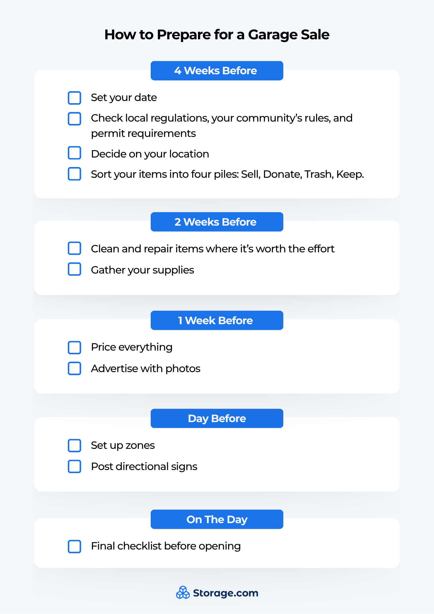 An infographic from Storage.com titled "How to Prepare for a Garage Sale" that outlines a step-by-step timeline for how to do a yard sale. The checklist covers tasks from four weeks out (checking regulations and sorting items) to the day of the sale (final checklists), including gathering supplies, pricing, and advertising.